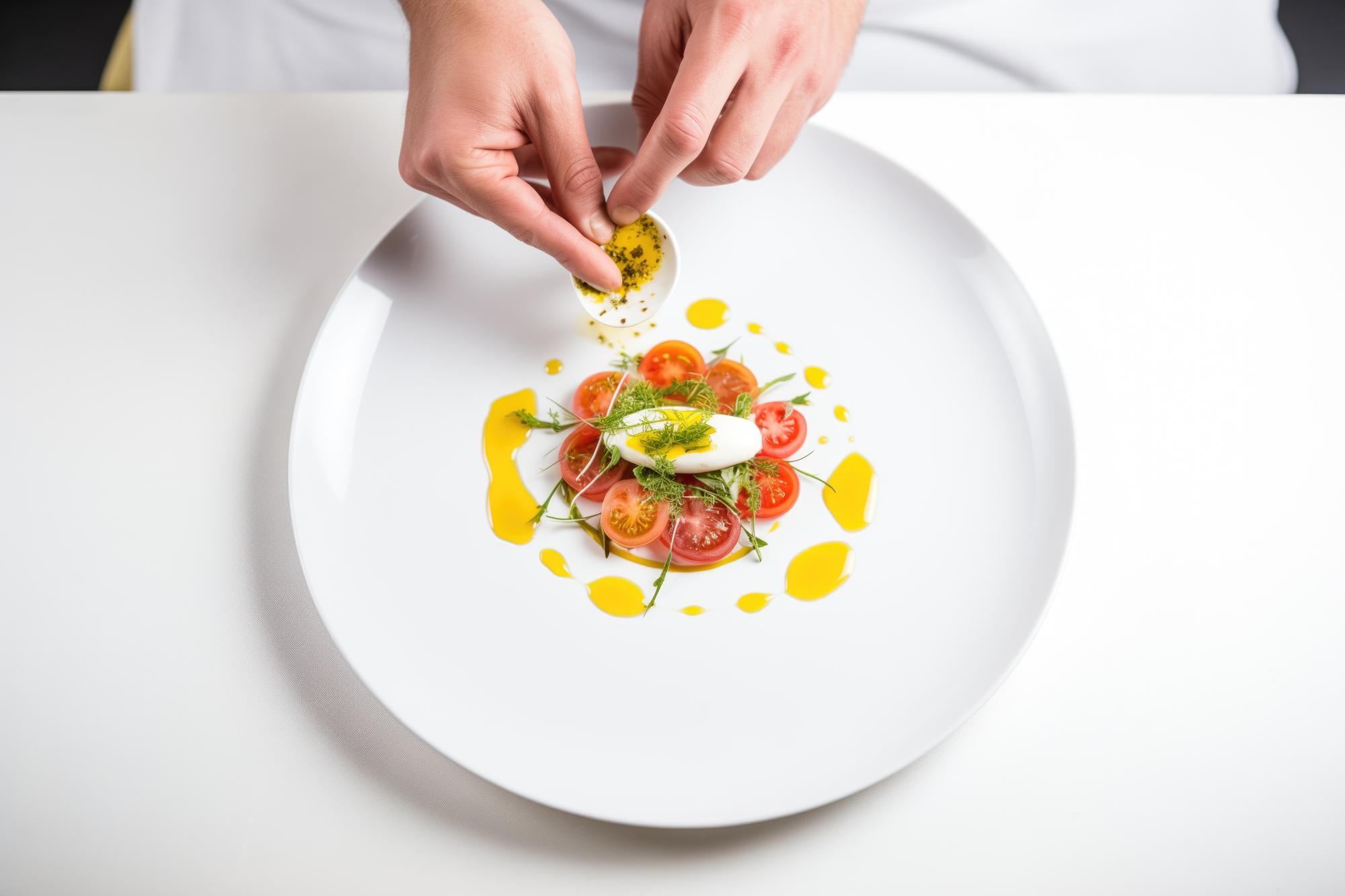 chef demonstrating colorful plated dish